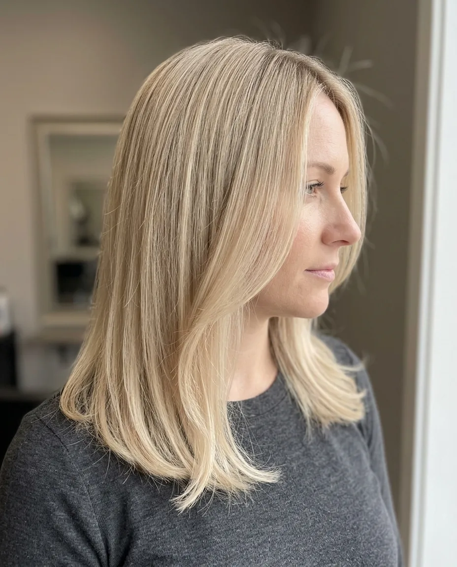 Even, bright blonde lob in profile