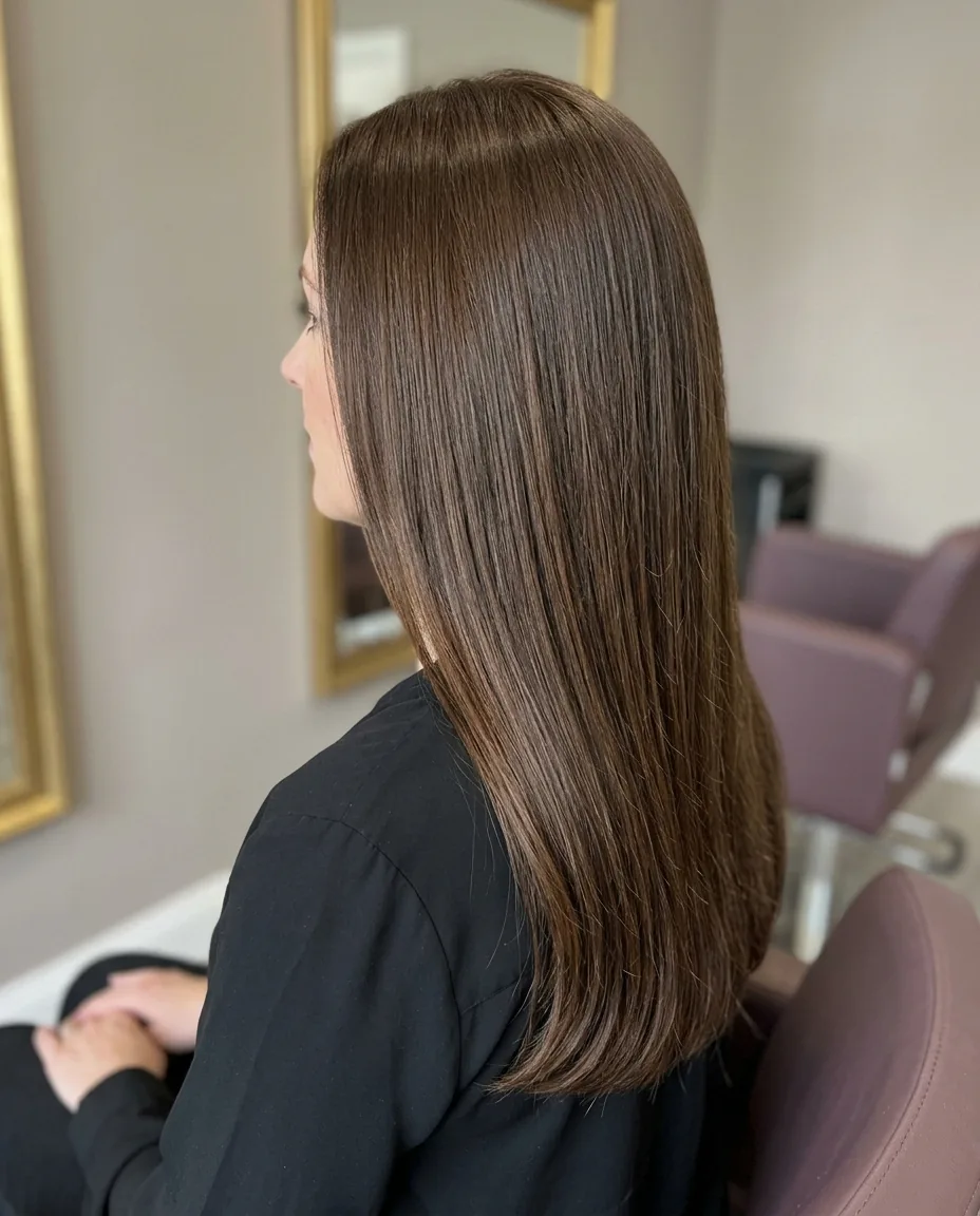 Glossy chestnut-brown lengths in profile