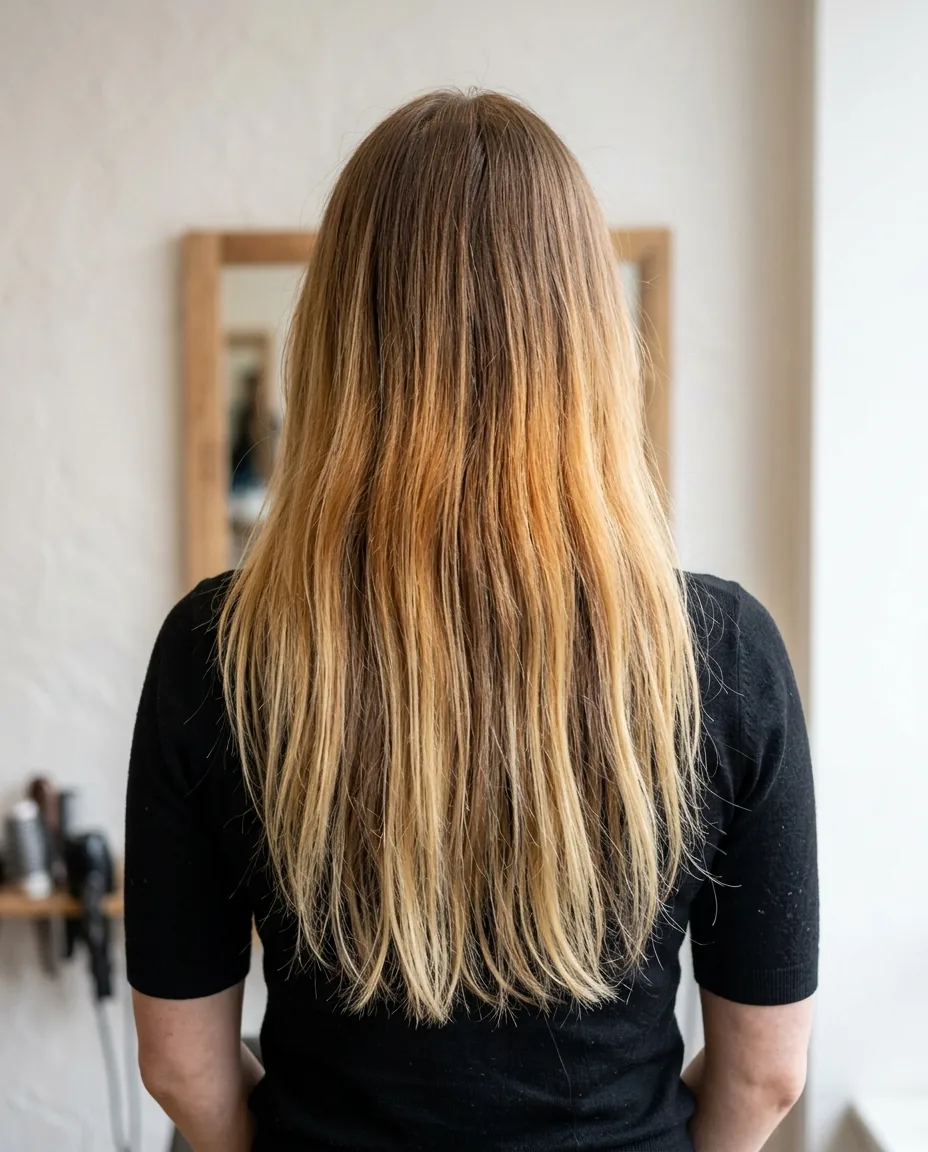 Long hair with brassy orange mid-lengths and bands, seen from the back
