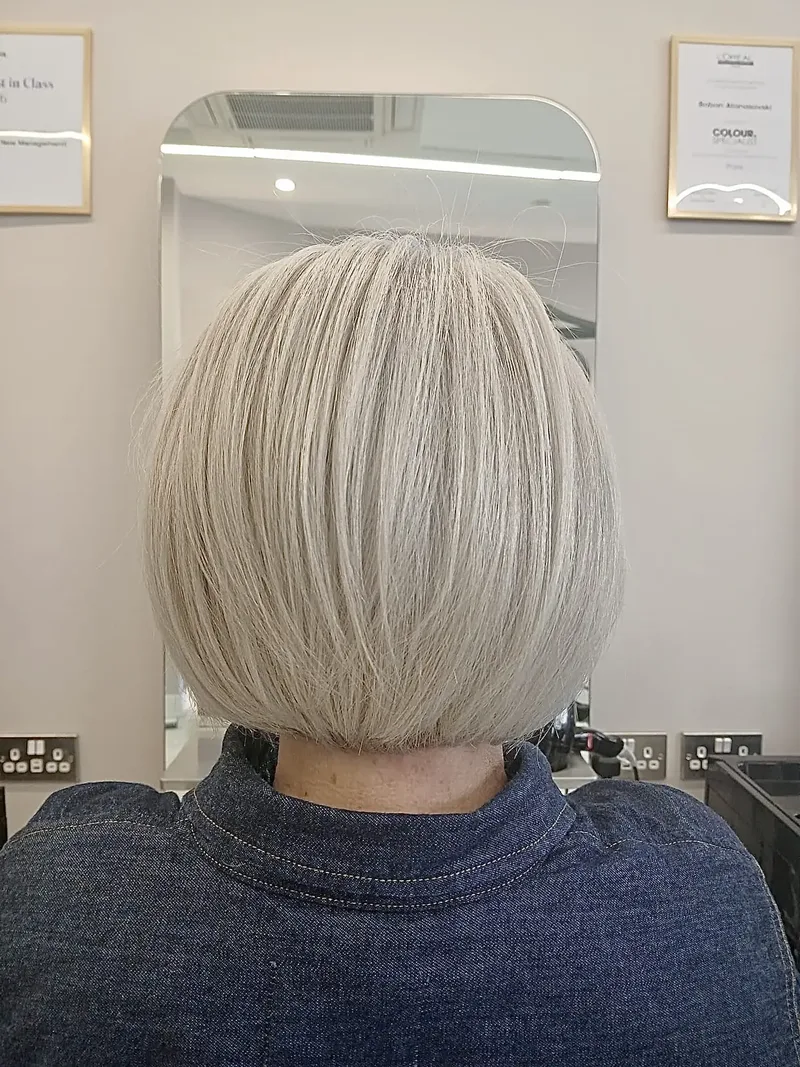 Polished platinum blonde bob by Bobby at The Village Edit in Wimbledon Village