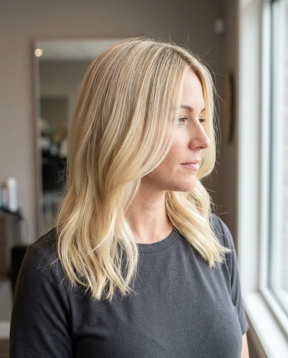 Buttery blonde in profile by the salon window
