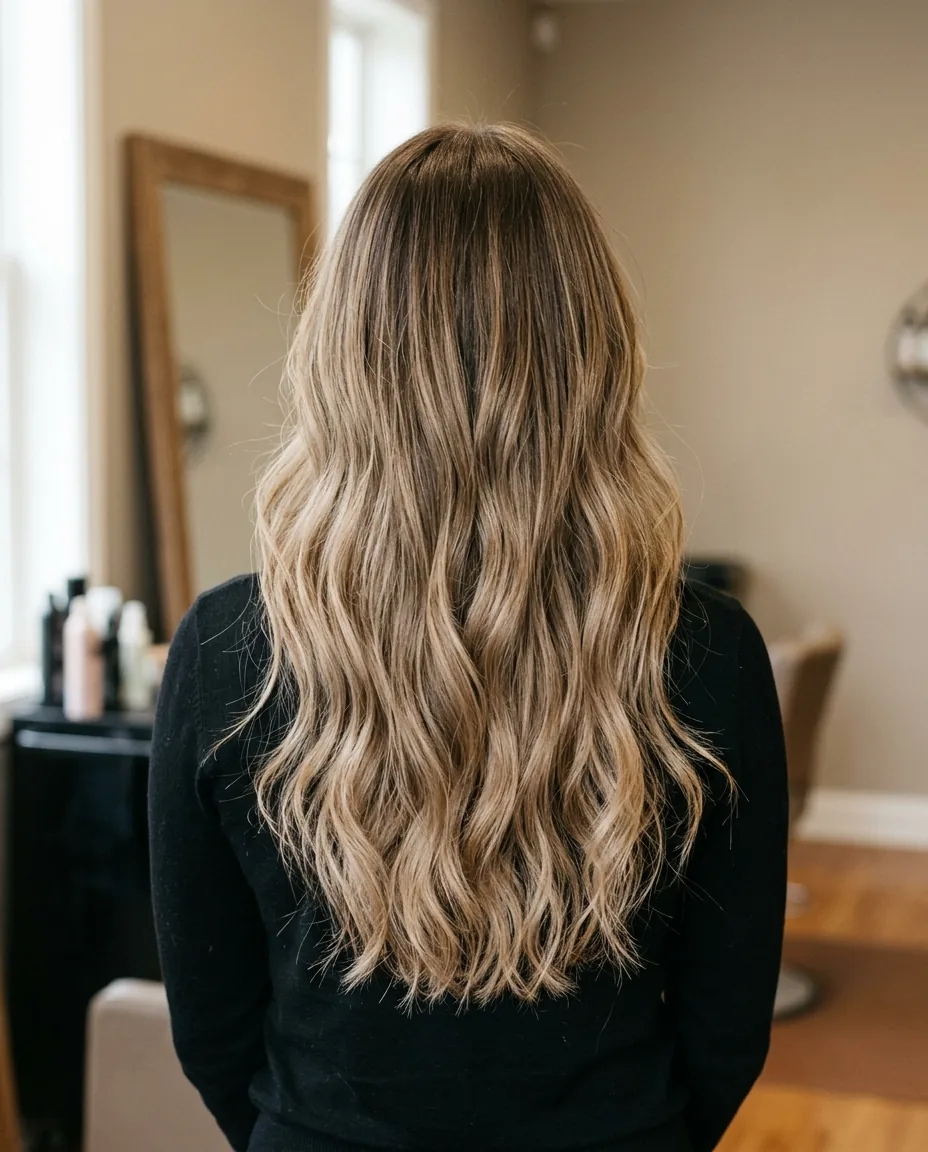 Long waves lifted from a dark root to soft bronde