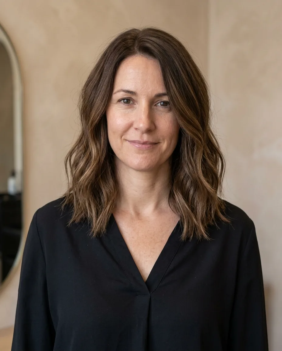 Soft brunette lob with caramel dimension, rebalanced and even