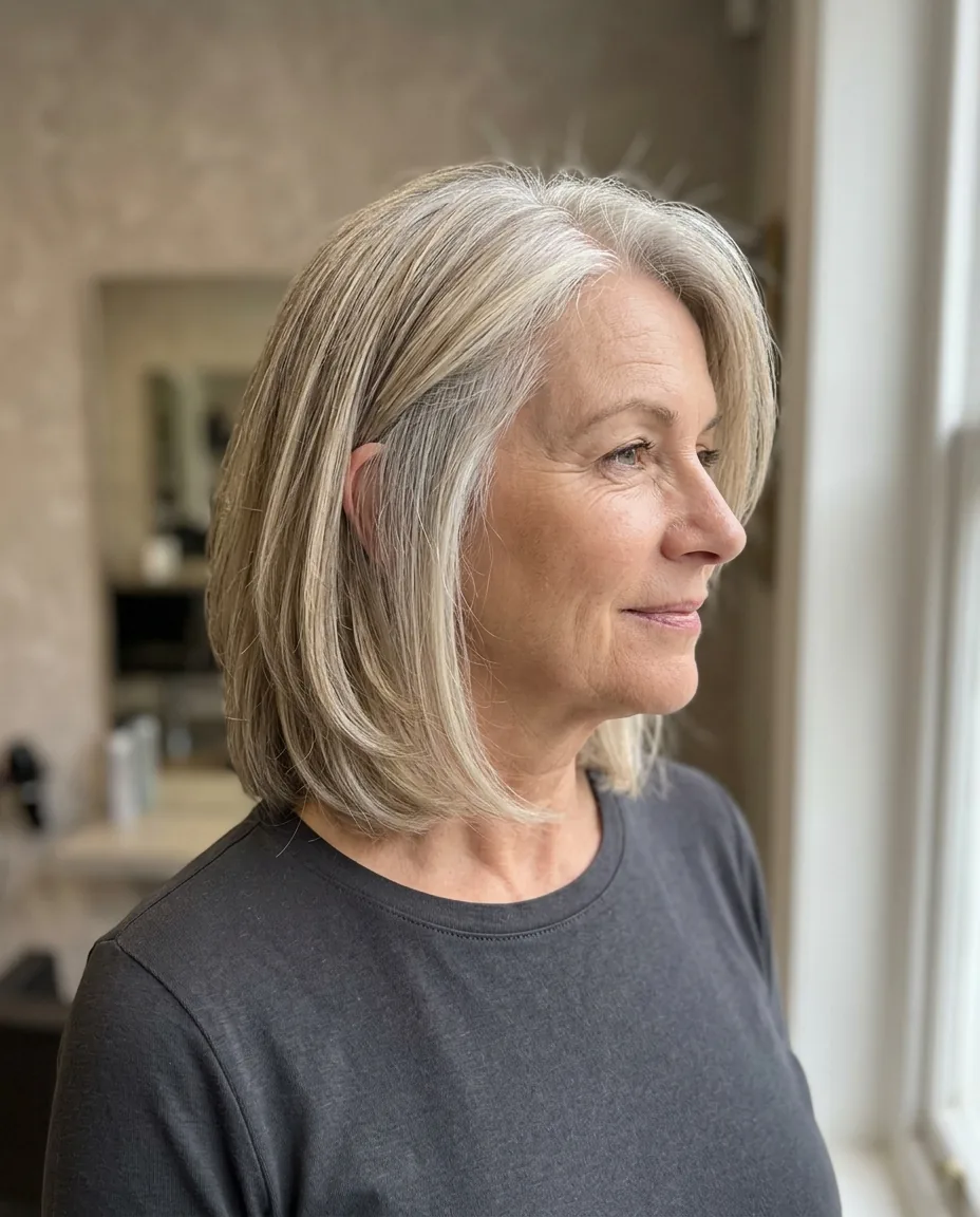 Silver-blonde blended bob in profile, glossy and softly layered