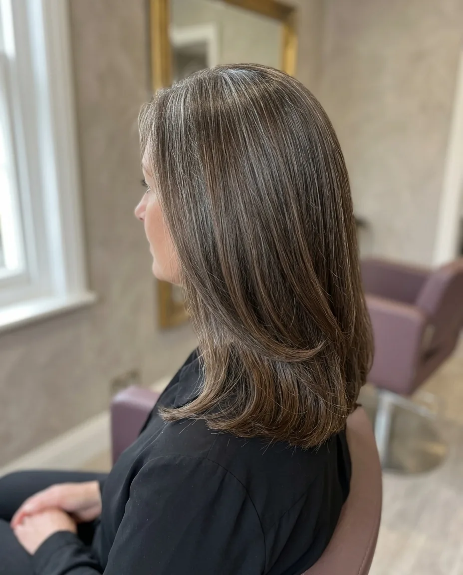 Mid-length brown hair with fine silver strands blended through, in profile