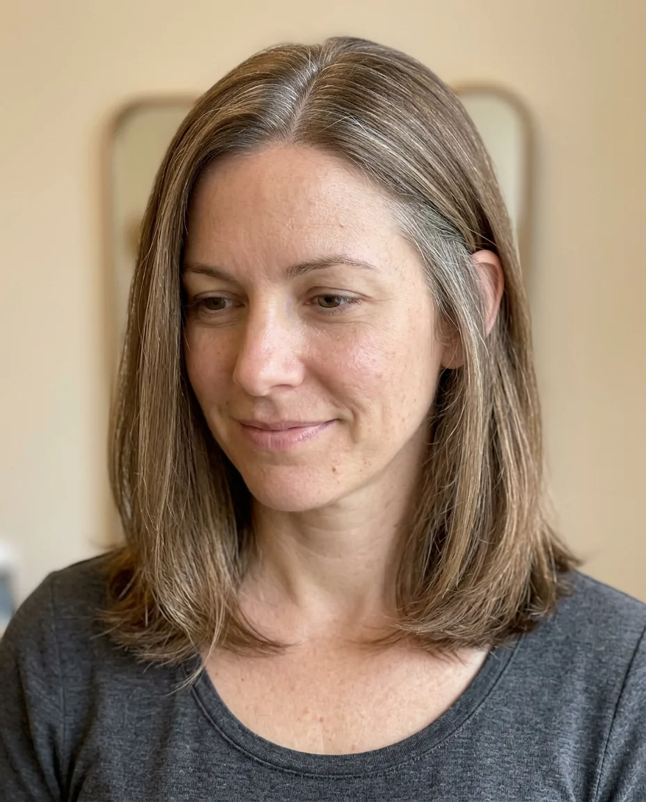 Light brown lob with the first silver strands showing at the parting and temples