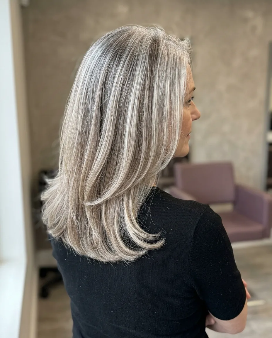 Layered mid-length hair in a soft blended silver and ash blonde, seen from behind