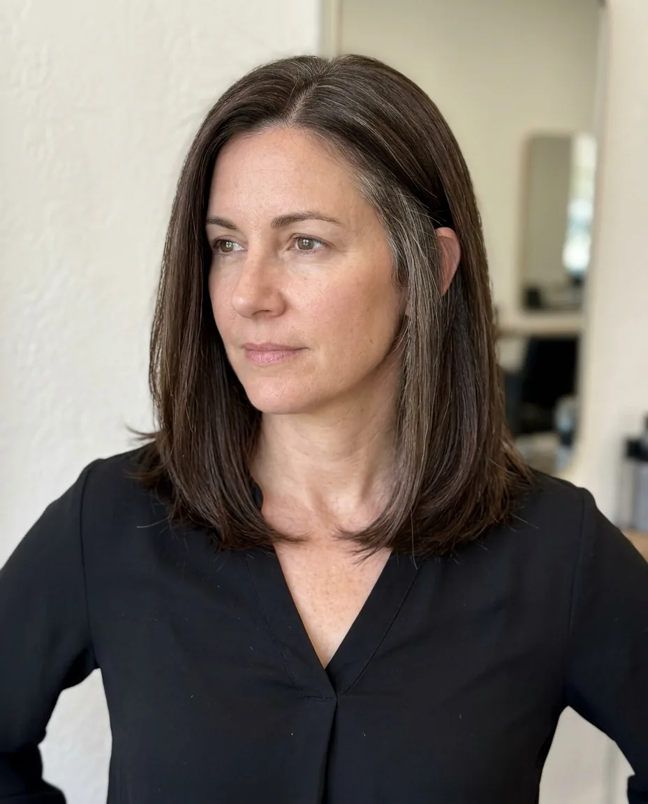 Dark brunette lob with a silver streak at the hairline