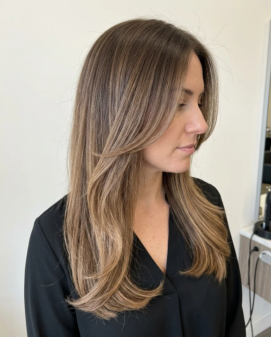 Softly polished bronde layers in profile