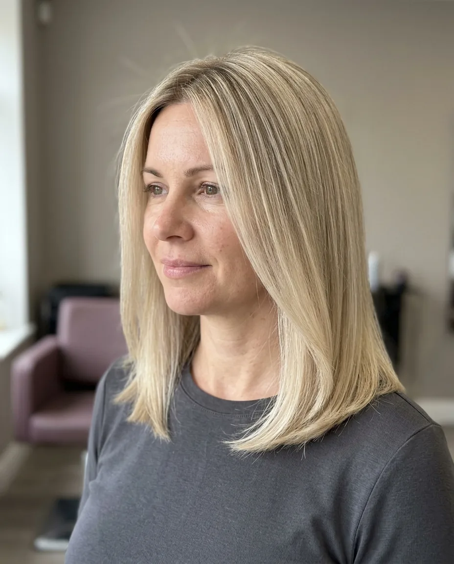 Sleek blonde lob with a glassy finish