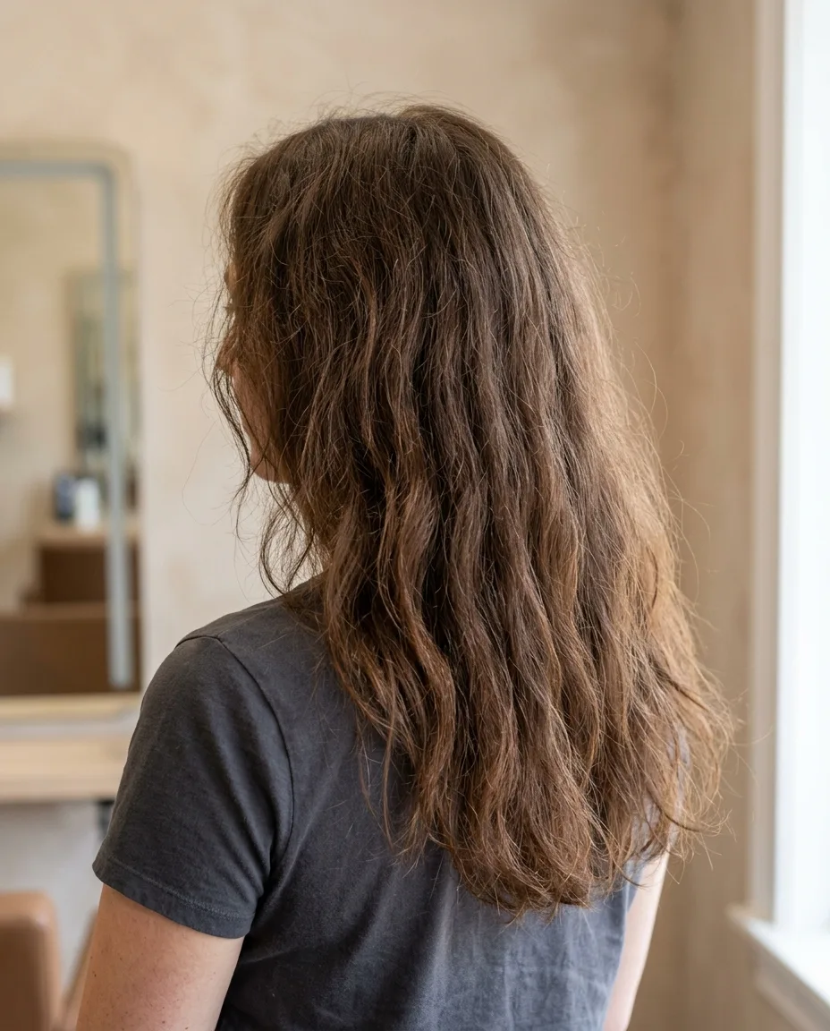 Soft waves with lifted frizz, seen from the back