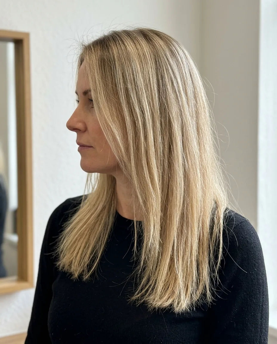 Lightened blonde lengths in profile